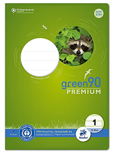 Staufen Green Heft - DIN A4, Lineatur 1 (5/5/5mm liniert farbig), 16 Blatt, 90g/m² Recyclingpapier, runde Ecken verhindern „Eselsohren“, 4 verschiedene Motive (keine Auswahl möglich), 1 Stück