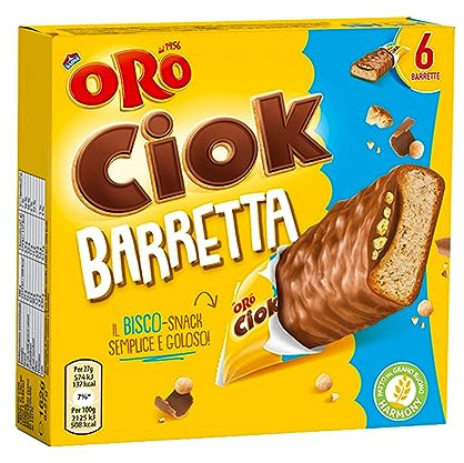 Oro Ciok Barretta, Biscotto Fragrante Coperto di Cioccolato al Latte e Ripieno di Riso Soffiato e Cacao, Merenda Semplice e Golosa, Fonte Naturale di Fibre, 162g (6 monoporzioni da 27g)