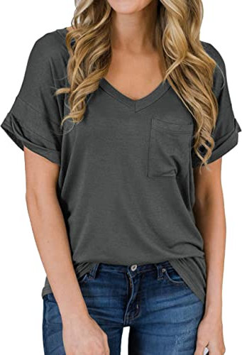 MIHOLL Women's Short Sleeve V-Neck Shirts Loose Casual Tee T-Shirt, 01_ Dark Gray, Small