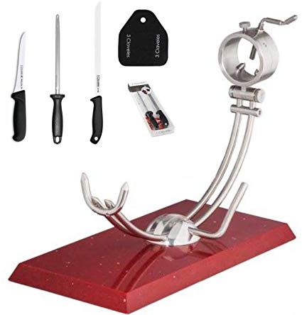 Hidalgo Soporte Jamonero Afinox con Base de Silestone Rojo Estelar + Cuchillos 3 Claveles + Regalo Cubre Jamón