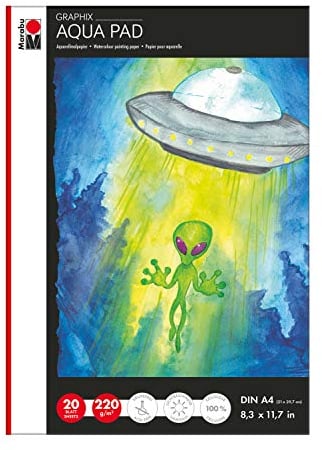 Marabu Graphix Watercolour Pad, Aquarellblock DIN A4, 20 Blatt 220 g/m², naturweiß, fein gekörnt, matt, säurefrei und alterungsbeständig, für alle Aquarelltechniken, 1612000000400