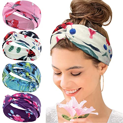 KAVYA Haarband Damen Sommer Elastisch Haarbänder Stirnband Damen Boho Breit Stirnbänder Mehrfarbig Muster Yoga Haarschmuck 4 Pcs