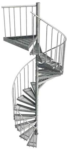 Außenspindeltreppe Scarvo M verzinkt, Geschosshöhe: 306-323 cm, 16 Stufen und Podest, Durchmesser: 160 cm, Stufenbelag: Stahl Streckgitter, Stahltreppe