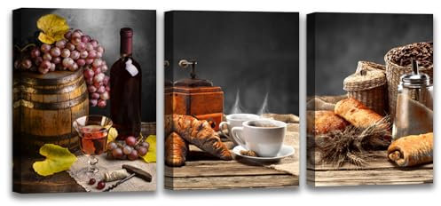 Acocifi Lienzo decorativo para pared de cocina, pinturas de café y vino tinto, cuadros vintage de granja, pan, uvas, frutas, impresiones enmarcadas para comedor, bar, decoración de pared del hogar,