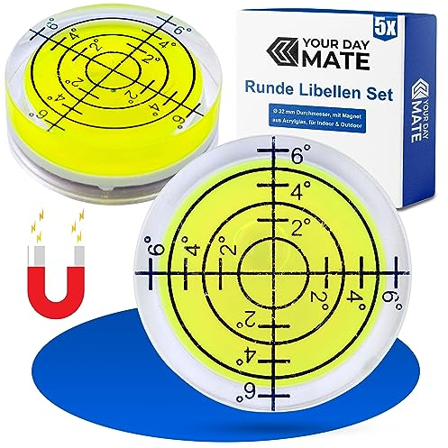 Magnetische Libellen Set, 5 Stück, mit Ø 32 mm Durchmesser, runde Wasserwaage mit Luftblase, kleine Libelle Wasser Waage, Nivellierung, Magnet Dosenlibelle für Wohnwagen, Kamera, Spirit Level Bullseye