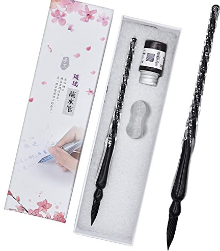 SIPLIV Juego de tinta de cristal para caligrafía, pluma de cristal para manualidades, escritura, firmas, adornos de escritorio de oficina, papel de aluminio negro plateado, 1 botella de tinta