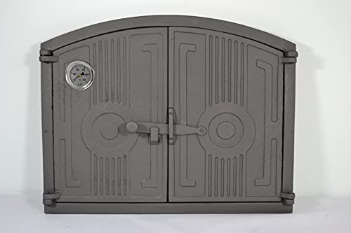 SEZAM doppia porta leggera per forni in ghisa con termometro 500 °C - con catenaccio, porta del forno per pizza - forno per il pane - porta del forno in pietra, 48 x 3 x 38 cm, grafite verniciata