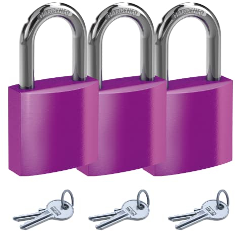 BASI | Vorhangschloss bunt im 3er Set | Farbe Lila | verschiedenschließend | 38 mm | Aluminium-Gehäuse | gehärteter Stahlbügel | sicheres Vorhängeschloss | 3 Stück