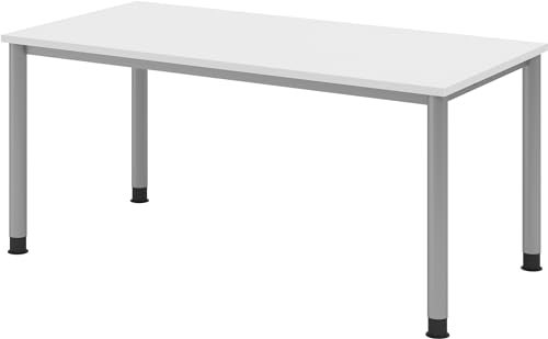 bümö höhenverstellbarer Schreibtisch H-Serie 160x80 cm in weiß, Gestell in Silber - PC Tisch für's Büro manuell höhenverstellbar, Computertisch verstellbar