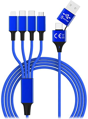 6in1 AllinOne Nylon USB Ladekabel mit USB-C und USB und 4 Anschlüssen zwei USB C, Phone und Micro USB für alle aktuellen Smartphones, Handys Tablets, ActionCams, Switch, Powerbanks - 120 cm (Blau)