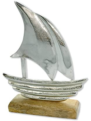 Metall Skulptur mit Holz-Fuß Silber-braun Segelboot 19 x 25cm Dekofigur Tisch-Deko Maritim Mediterran Meeresdeko