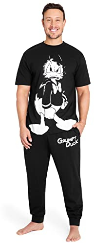 Disney Schlafanzug Herren Lang Lustig Pyjama Set Herren Nachtwäsche Witzig Donald Duck Grumpy Jack Skellington M-3XL (L, Schwarz Donald Duck)