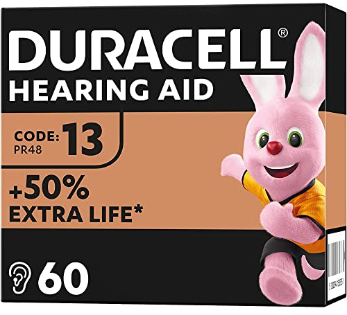 Duracell Piles pour appareils auditifs taille 13 (lot de 60) +50 % de longévité, installation facile, emballage 100 % recyclable, conservation garantie 4 ans