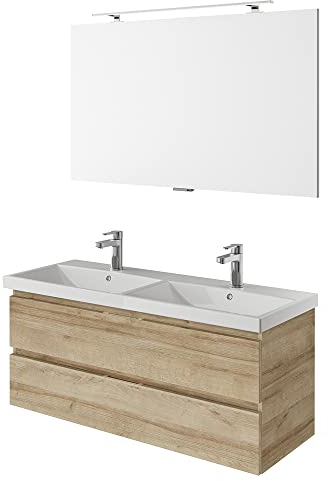 Lomadox Waschplatz Set, grifflos, 120 cm breit, in Riviera Eiche Nb. mit Doppelwaschbecken, B/H/T ca. 120/200/45 cm