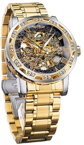 FORSINING Gewinner Retro Manuelle mechanische Skelett Uhr mit Diamantschnitzen Blume Handwerk Männer Armbanduhr Klassische römische Zahl, Schwarze Goldfarbe