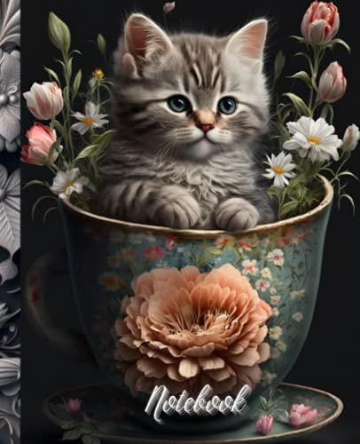 Kitten in a Teacup Grey Notebook for Women and Girls: Cat Notebook Journal Ruled / 110 Pages, 7.5 x 9.25 inches