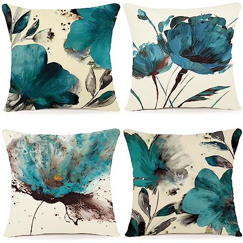 ZWJD Blumen Kissenbezug 45x45 4er Set Outdoor Kissen Dekokissen Leinen Kissenhülle Kissenbezüge Moderne Abstrakte Blumen Kissenhüllen für Sofa Wohnzimmer Zierkissen 45x45 A203-18