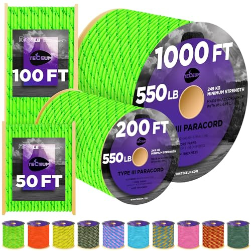 TECEUM Paracord Rope Type III 550 – Tactical MIL-SPEC – Outdoor Para Cord | Reflective Neon Green, 60m, Clothesline, Camping Fishing Gear and Equipment, DIY Cord 4mm, Strong Survival Utility Rope