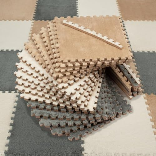 16 Piece Carpet Squares Puzzle Mat 49 x 49 Plush Interlocking Carpet Tiles, Foam Floor Tiles for Baby Play Mat - Kids Soft Play Mats Anti Slip Jigsaw Flooring Playmat Playroom Rug (Brown,Gray,White)