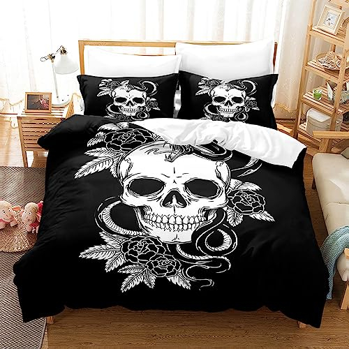 CIUNVXD Erwachsene Rose Schädel Bettwäsche-Set,Feuerschädel,totenköpfe,Schwarz Weißer Totenkopf Bettbezug mit 2 Kissenbezügen 50x75cm (B, 135 x 200 cm)