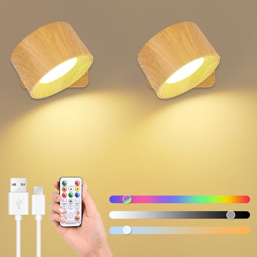 GuKKK Wandleuchte Innen 2 Stück, Aufladbare RGB Wandlampe mit 3 Helligkeitsstufen und 16 Farbe, LED Wandleuchte Innen 360° Drehbare Touch Control Wandleuchten für Schlafzimmer Treppen Badezimmer