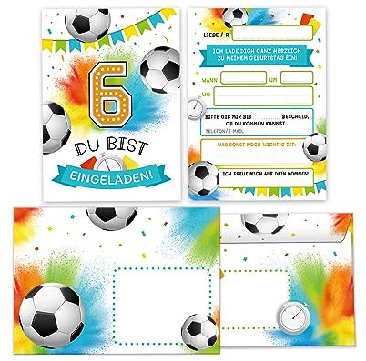 Minkocards 12 Einladungskarten incl. 12 Umschläge zum 6. Kindergeburtstag Junge Fußball Fussball Einladungen zum sechsten Geburtstag Kinder Einladungsset