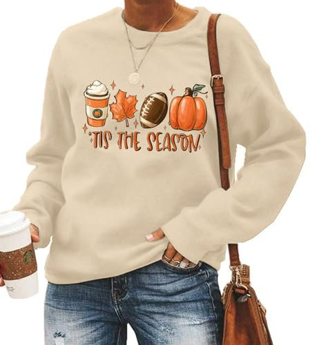 FCHICH Tis The Season Sweatshirt Damen Kürbis Latte Blatt Fußball T-Shirt Herbst Urlaub Tee Casual Langarm Pullover Tops, aprikose, S