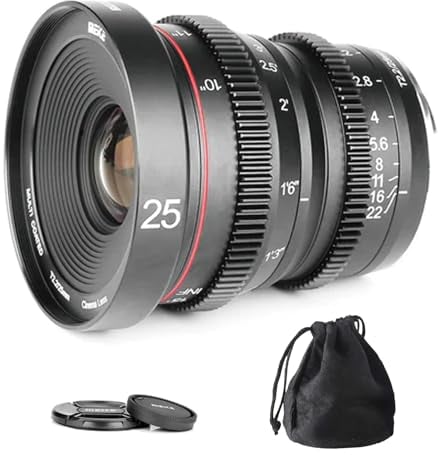 Meike 25mm T2.2 Große Blende, manueller Fokus, Prime, geringe Verzerrung, Mini-Cine-Objektiv, kompatibel mit Micro Four Thirds M43 MFT Olympus/Panasonic Lumix-Kameras und BMPCC 4K Zcam E2