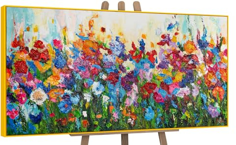 YS-Art Abstrakt Acryl Gemälde auf Leinwand Blumige Farben handgemalt Wandbilder Wohnzimmer modern Wohndekor Bild Blumen Weide Wiese bunt echte Kunst 100x50 cm