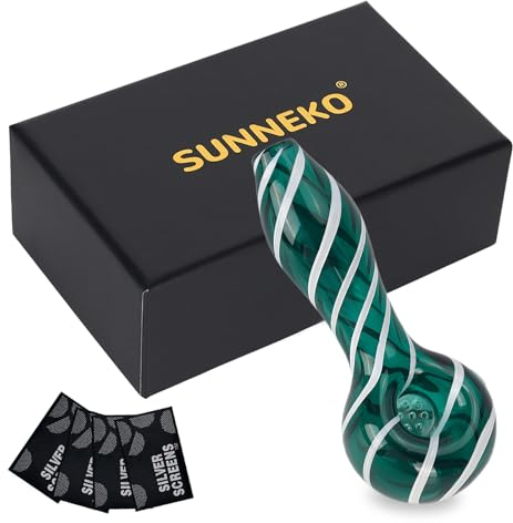 SUNNEKO 7 Kickloch Glaspfeife Dickes Glas Löffel Bong Hitzebeständig Geruchsneutral Taschenform Pfeife Home Dekorative Accessoires, 11 cm, Grün mit weißen Streifen