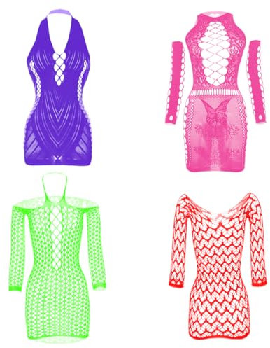 TP CeferY Women Mesh Lingerie Fishnet Babydoll Mini Dress Mesh Bodysuit Sleepwear plus size lingerie sexy outfits women's baby dolls women's lingerie sets (4 Pcs: Bright Color 01)