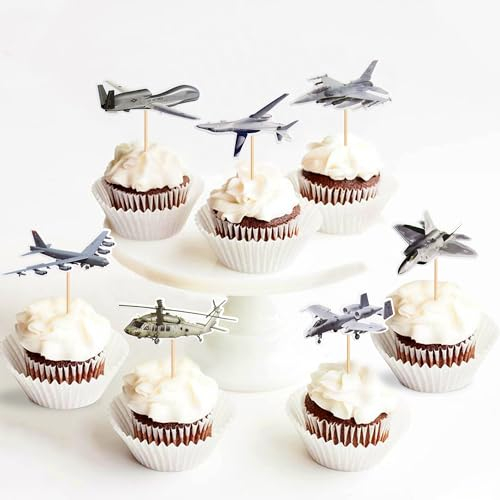 27 Stück Militärische Kuchen Toppers Militärische Cupcake Toppers Soldaten Panzer Flugzeuge Cupcake Toppers Picks Baby Shower Sportthema Feiern Party Kuchen Dekore