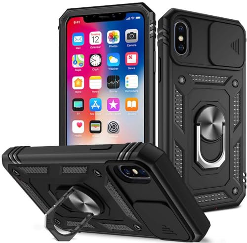 XYZNTMF for iPhone X Case iPhone XS Phone Case with Slide Camera Cover Rotatable Kickstand Case Military Grade Shockproof Soft Silicone Bumper Hard PC Anti-Scratch Phone Case for iPhone X/XS, Black