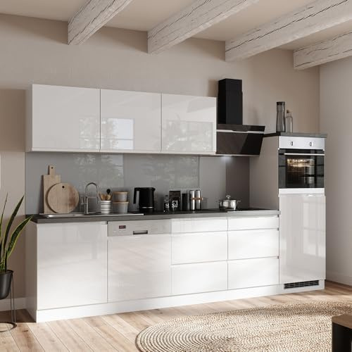 Küche Küchenzeile 300 cm, inkl. E-Geräte, in Hochglanz weiß, Arbeitsplatte Betonoptik | inkl. Dunstabzugshaube, Glaskeramikkochfeld, Einbau-Backofen, teilintegrierter Geschirrspüler, Einbaukühlschrank
