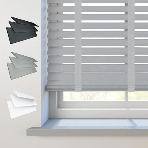 REHAN & CO Tenda veneziana per finestra in finto legno, a doghe da 50 mm, con cordino/nastro, guida in alluminio, tagliabile, sicura per bambini, per casa e ufficio (nastro grigio, 45 x 150 cm)