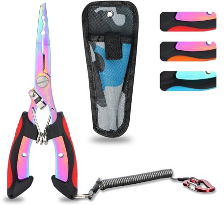 supregear Fishing Pliers, Multi-Colored Stainless Steel Tools with Split Ring, Fish Hook Remover, Line Cutter, Sheath, Lanyard, Saltwater Resistant Fishing Gear, Red