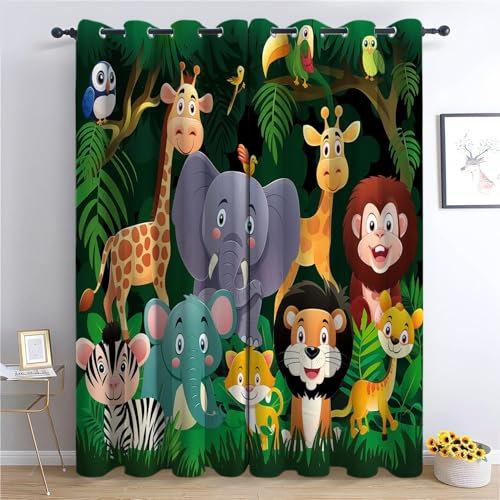 XCQHZYQ Verdunklungsvorhänge 2er Set mit Ösen, Blickdichte Gardinen Schalldämmend Lärmschutzvorhang für Kinderzimmer Wohnzimmer Gardinen Cartoon-Tiere, Dschungel-Elefant, Löwe, H 138 x B 117 cm