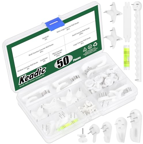 Keadic 52 Stück Beton Wand Haken Kit, unsichtbare Nagel Wand Schraubenhänger, Invisible Nail Wall Screw Concrete Wall Hooks,Bild hängen Nicht-Spur für Bild Foto Rahmen Uhr Hänger