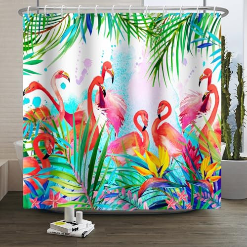 Xiaoterna Rideau de Douche Flamant Rose Rideau de Douche Flamant Rose à Fleurs et Feuilles de Palmier Aquarelle de Feuilles et de Fleurs Tropicales Rideaux de Douche imperméables 150x180cm