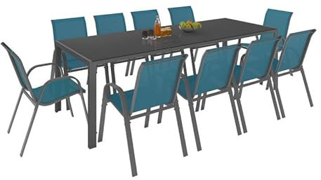IDMarket - Gartenmöbel-Set Madrid, Tisch 240 cm und 10 stapelbare Stühle, Entenblau
