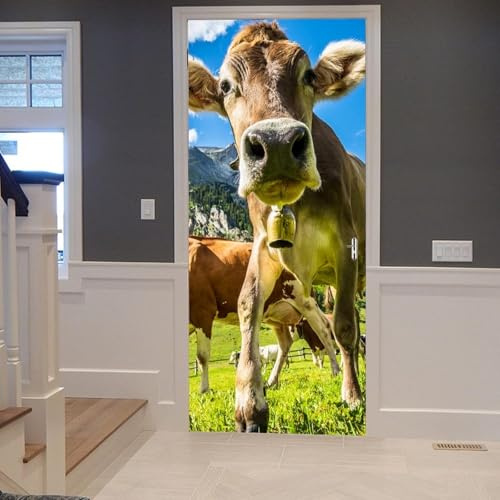 Selbstklebend Türbekleben Kuh Tier Rind Türtapete 77x200 cm, TürPoster Kuh Tier Rind Türbilder 3D Türaufkleber Dekoration Poster Tapete Türfolie, PVC Fototapete Wandtattoo Tür Tapeten m384