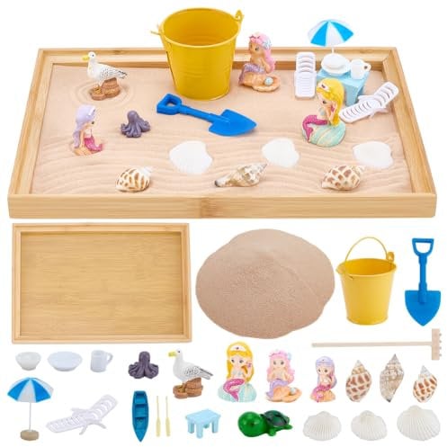 WEBEEDY Miniature Beach Zen Garden Kit Desktop Japanese Zen Sand Garden Box Decor Set for Office Home Table,Summer Beach Sand Tray Kit for Adult Meditation and Relaxation Decoration Gift,28x19cm