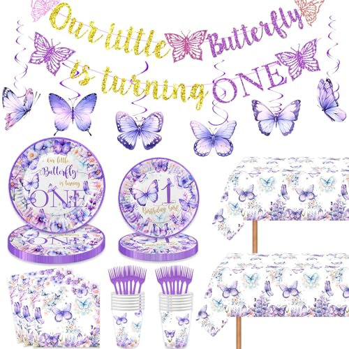 132 Pcs Butterfly 1st Birthday Party Supplies Purple Our Little Butterfly is Turning One Tableware Includes Hanging Swirl, Banner, Plates, Cups, Tablecloth for Butterfly One Year Old Bday Decorations
