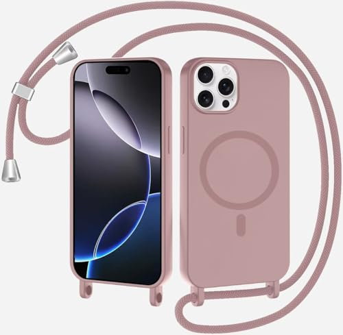 xinyunew Coque Magnétique pour iPhone 16 Pro avec Cordon, Compatible avec MagSafe Collier Étui Silicone Liquide avec Tour de Cou Lanière en Corde Souple TPU Antichoc Housse,Rose foncé