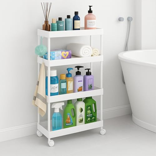 powerking 4-Tier Slim Rolling Aufbewahrungswagen, Utility Regal Rack Aufbewahrungswagen Mobile Regal Organizer für Küche, Badezimmer, Waschraum, Schlafzimmer, Schmale Plätze (Weiß, 4-Tiers)