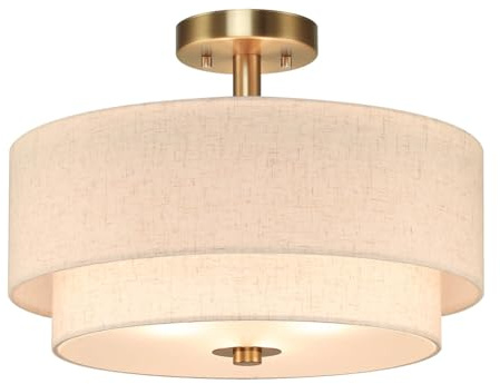 XiNBEi Lighting 40cm Linen Semi Flush Ceiling Light for Living Room, Brass | 3-Light Dual Drum Chandelier, Fabric Linen Shade, E27, Modern Ceiling Lights for Bedroom Kitchen Entryway Hallway Dining Room