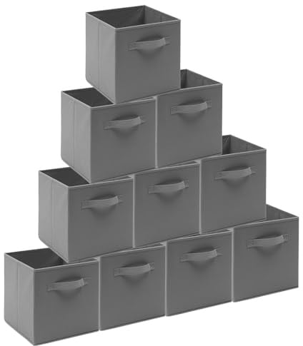 BonChoice Foldable Storage Cubes Boxes Pack of 10 with Handle for Home Organization, Fabric Wardrobe Storage Box Organizer Basket Bins for Clothes Toys, Collapsible&Durable (10, Grey, 26.5x26.5x28cm)