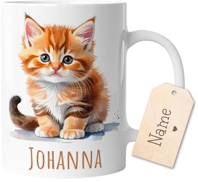timalo Kindertasse mit Namen | Süße braune Katze | Personalisierte Keramik Tasse mit Tieren | für Kinder, Jungen & Mädchen – Geschenk, Geburtstagsgeschenk, Namensgeschenke, Kaffeetasse
