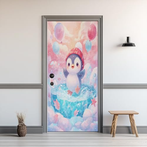 3D Niedlich Pinguin Türtapete Selbstklebend, Tier Fisch Ballon Türaufkleber Abnehmbar Wasserdicht TürPoster, Vinyl Fototapete Türfolie für Wohnzimmer Schlafzimmer 77 x 200 cm