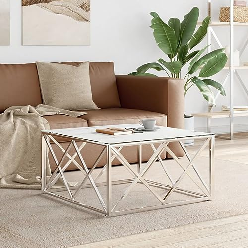 GeenYuu Couchtisch Silbern 80x80x40 cm, Edelstahl und Glas, Marmor-Optik, quadratisch, moderner Wohnzimmertisch für Snacks und Deko